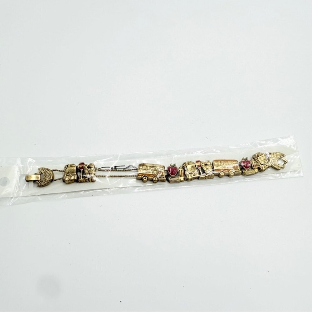NWT Tofa Vintage-Style Gold Charm Bracelet With Bus Apple Childhood Theme Charms